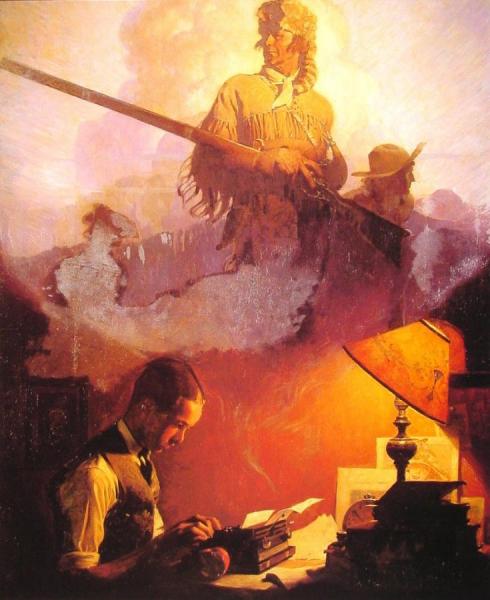 And Daniel Boone Comes To Life On The Underwood Portable by Norman Rockwell