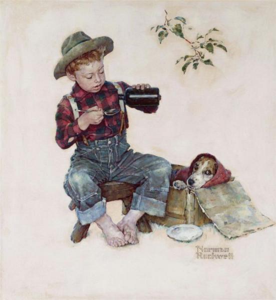 Norman Rockwell Boy And Dog Caught Cold