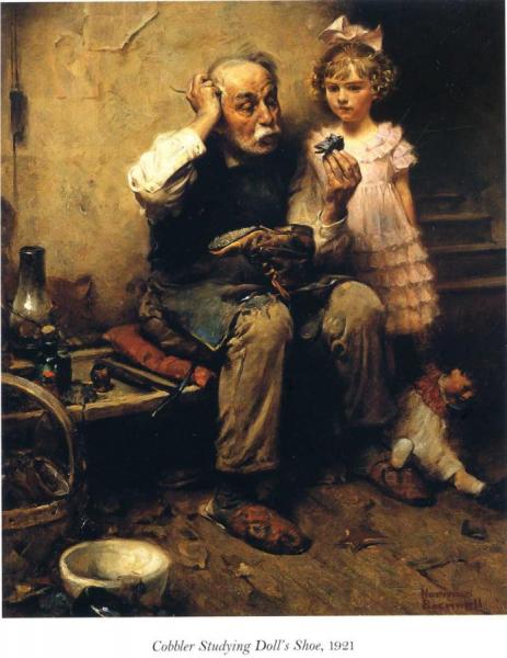 Norman Rockwell Cobbler Studying Doll's Shoe