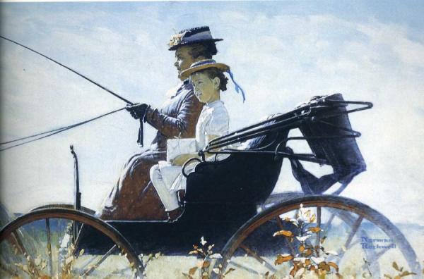 Girl And Lady Riding On Carriage by Norman Rockwell