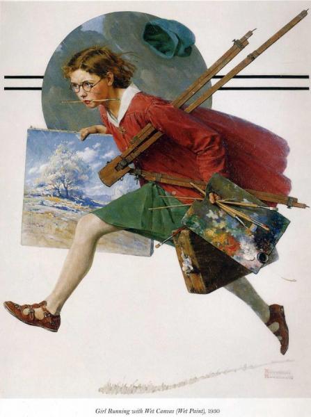 Girl Running With Wet Canvas by Norman Rockwell