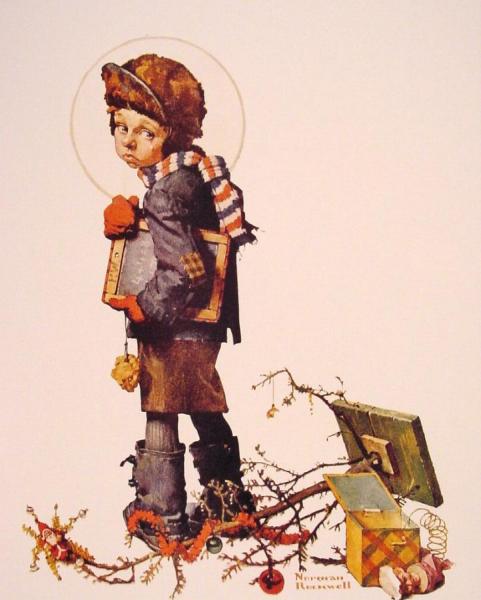 Little Boy Holding Chalk Board by Norman Rockwell