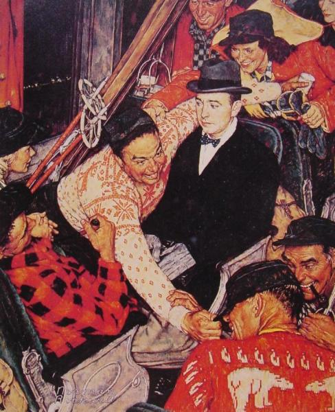 Skiers On A Train by Norman Rockwell
