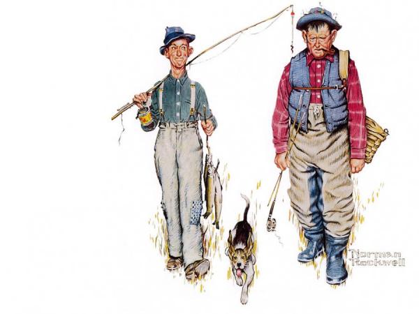 Two Old Men And Dog by Norman Rockwell