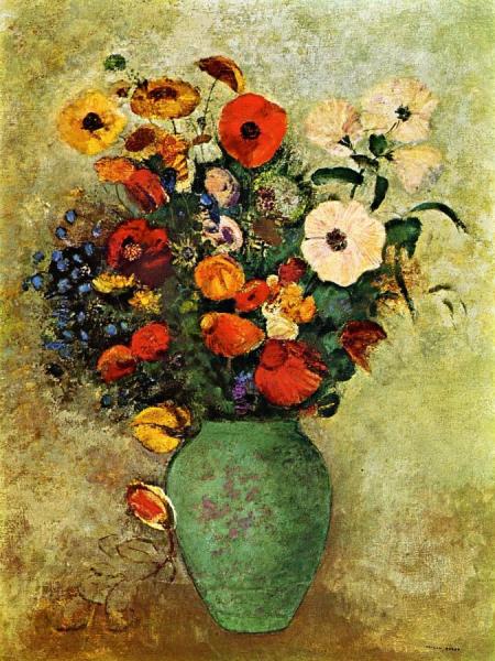 Bouquet Of Flowers In A Green Vase by Odilon Redon