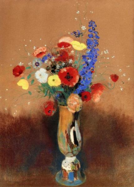 Bouquet Of Wild Flowers N A Long Necked Vase by Odilon Redon