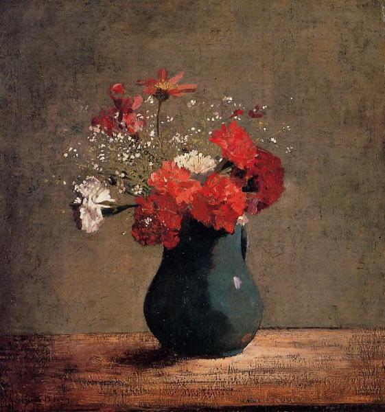 Carnations And Gypsophilia In A Green Vase by Odilon Redon