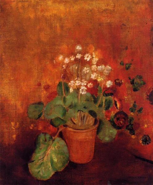 Flowers In A Pot On A Red Background by Odilon Redon