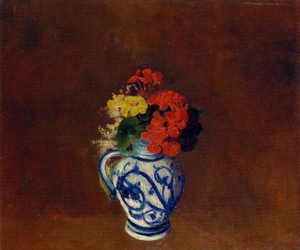Flowers In A Vase With Blue Decoration by Odilon Redon