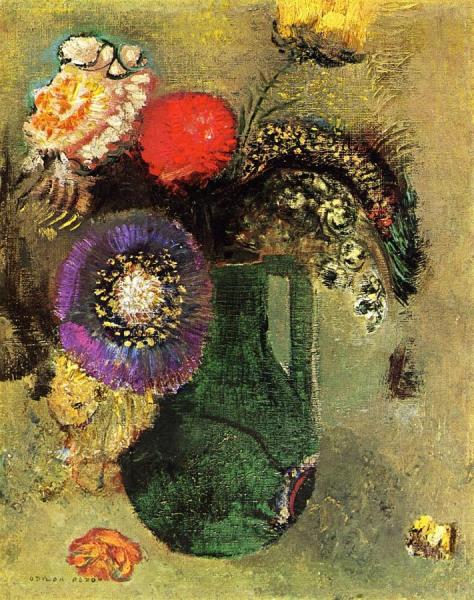 Flowers In Green Vase With Handles by Odilon Redon