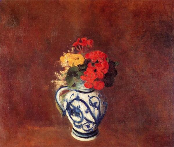 Geraniums And Flowers In A Stoneware Vase by Odilon Redon