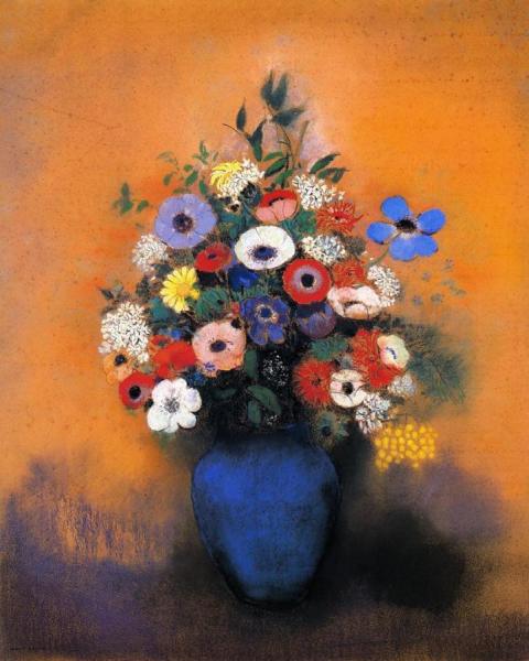 Minosas, Anemonies And Leaves In A Blue Vase by Odilon Redon