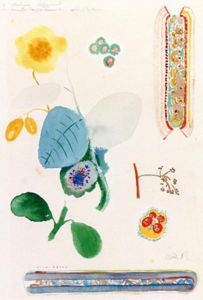 Page Of Studies: Branches Of Flowers, Butterfly And Decoration by Odilon Redon