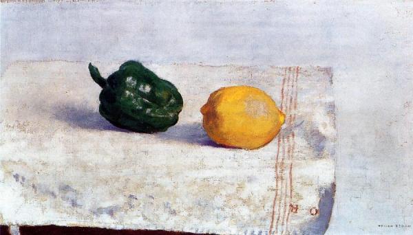 Pepper And Lemon On A White Tablecloth by Odilon Redon