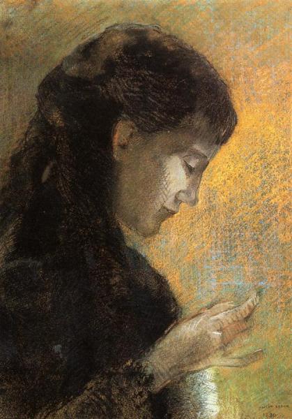 Portrait Of Madame Redon Embroidering by Odilon Redon
