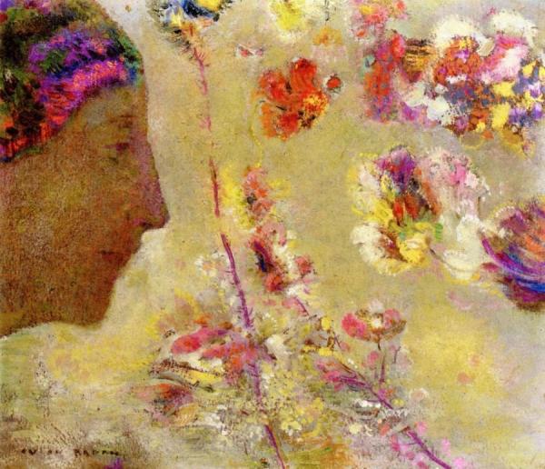 Profile Of A Woman With Butterfly And Flowers by Odilon Redon