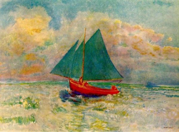 Red Boat With Blue Sails by Odilon Redon