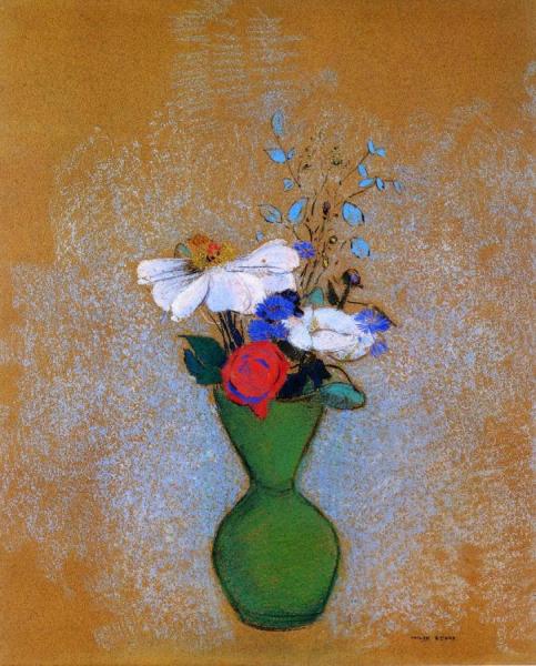 Rose, Peony And Cornflowers In A Green Vase by Odilon Redon