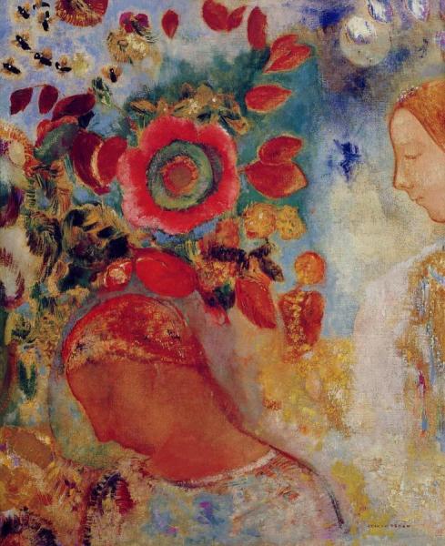 Two Young Girls Among Flowers by Odilon Redon