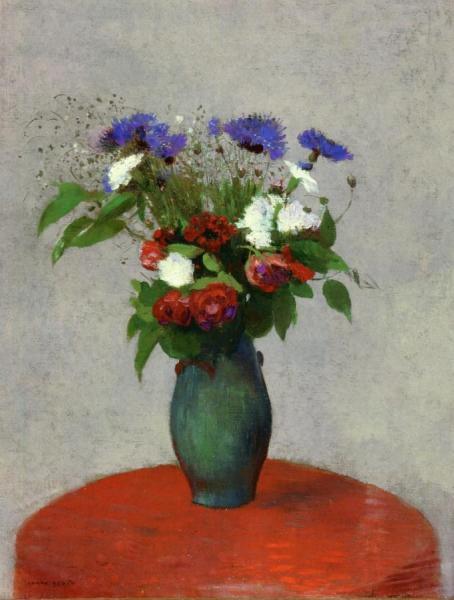 Vase Of Flowers On A Red Tablecloth by Odilon Redon