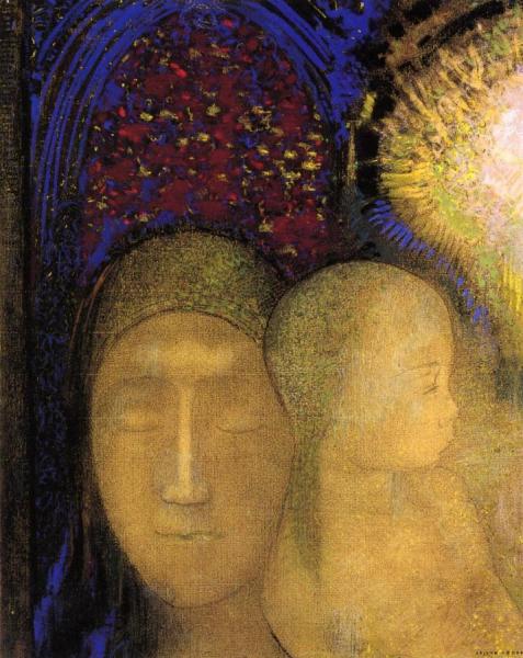 Woman And Child Against A Stained Glass Background by Odilon Redon