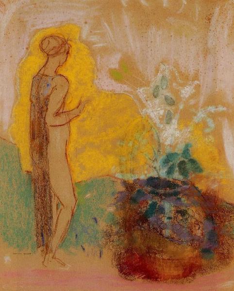 Woman And Stone Pot Full Of Flowers by Odilon Redon