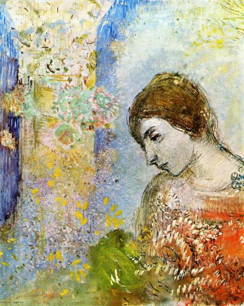 Woman With Pillar Of Flowers by Odilon Redon