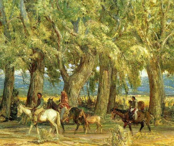 Road Under The Cottonwoods by Oscar E. Berninghaus