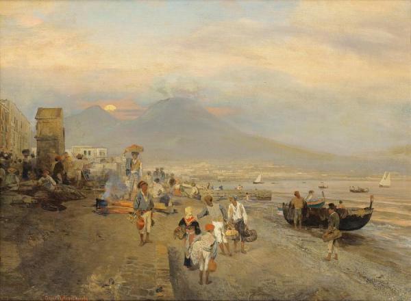 View Of Naples, Sunset by Oswald Achenbach Oil Painting Reproductions