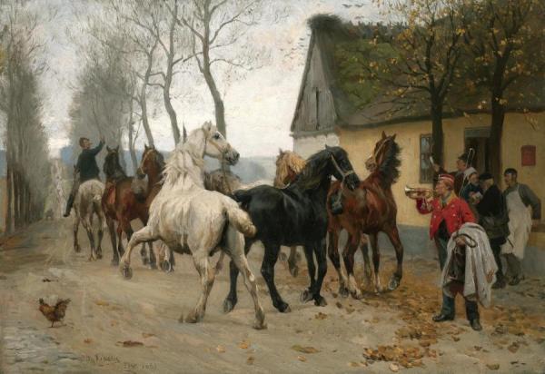 The Lindenborg Hunt (et Kobbel Heste Udenfor Lindenborg Kro) by Otto Bache
