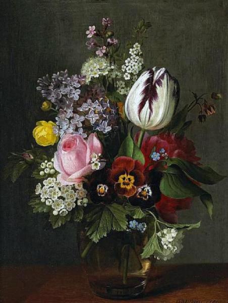 A Still Life With A Rose, A Tulip, Pansies And Other Flowers In A Glass Vase by Otto Didrik Ottesen Oil Painting Reproductions