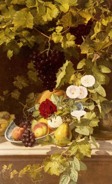 Otto Didrik Ottesen A Still Life With Fruit Flowers And A Vine