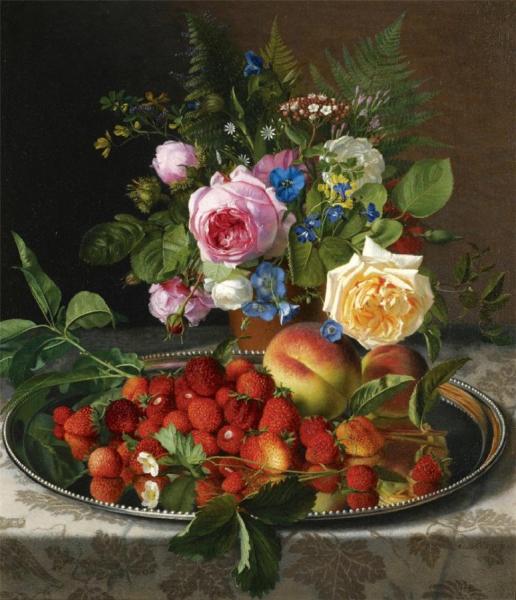 Otto Didrik Ottesen Still Life With Roses And Strawberries On A Silver Salver