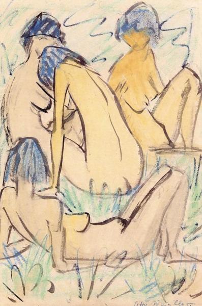 Girls Sitting And Lying In The Grass by Otto Mueller Oil Painting Reproductions