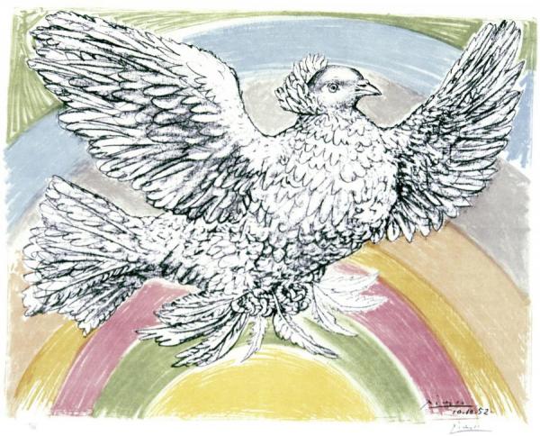 Flying Dove With Rainbow Background by Pablo Picasso