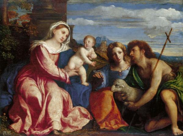 The Virgin And Child With Saints Catherine And John The Baptist by Palma Vecchio
