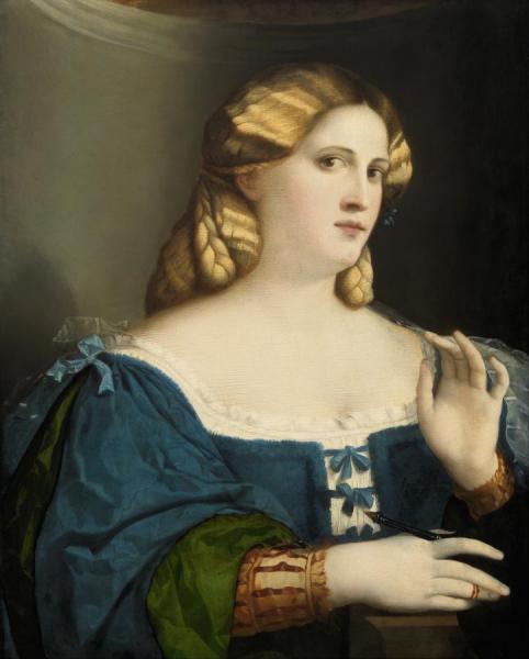 Young Woman In A Blue Dress,with Fan by Palma Vecchio