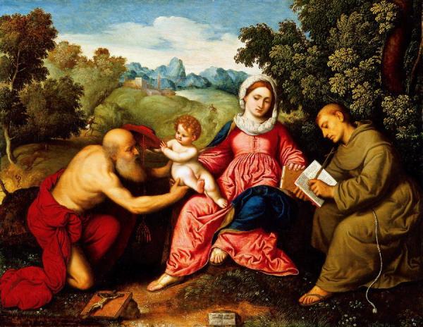 Madonna And Child With Saint Jerome And Saint Francis by Paris Bordone