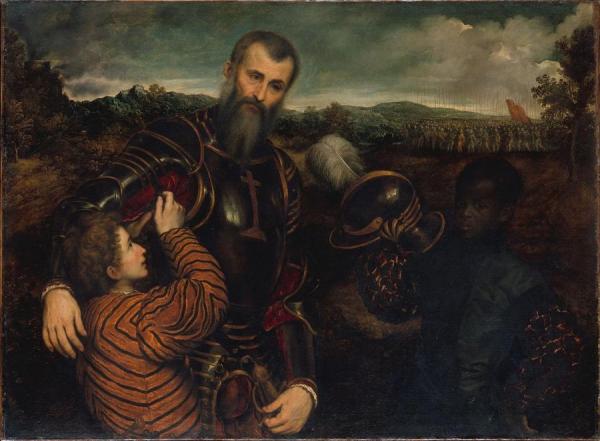 Portrait Of A Man In Armor With Two Pages by Paris Bordone