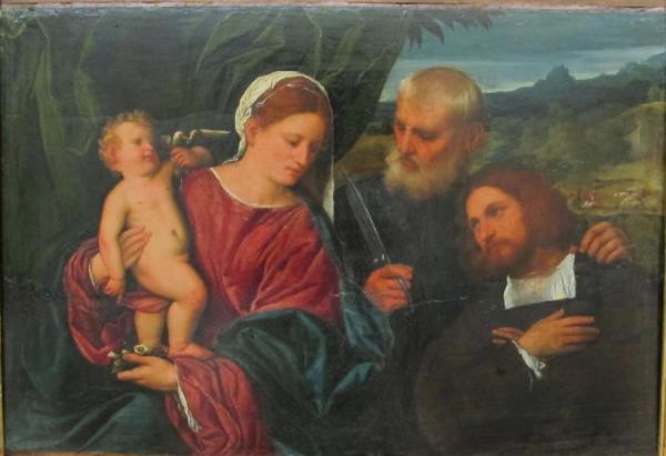 Sacred Conversation With St. Omobono And Donor by Paris Bordone