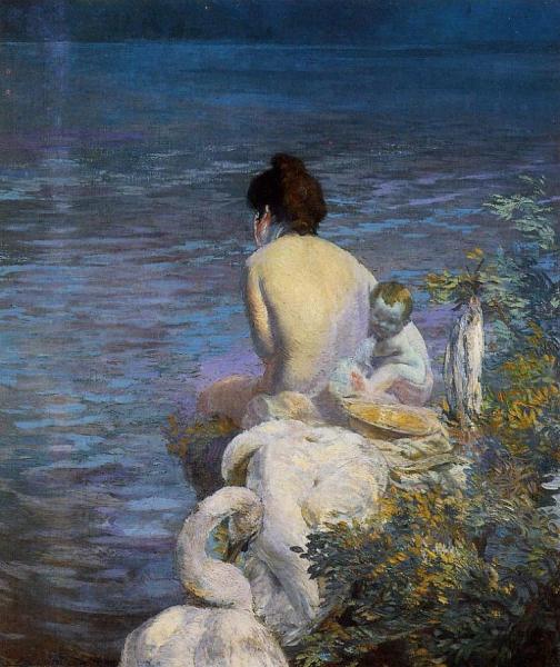 Bather With Child And Swan By The Sea by Paul Albert Besnard