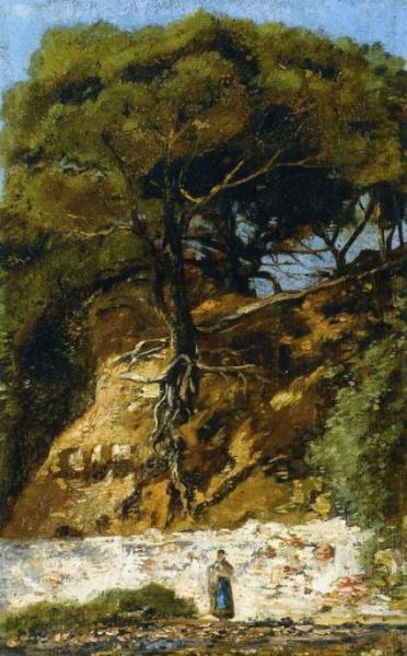 Washerwoman At The Foot Of A Large Pine Tree by Paul-camille Guigou
