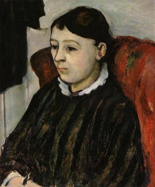 Madame Cezanne In A Striped Robe by Paul Cezanne