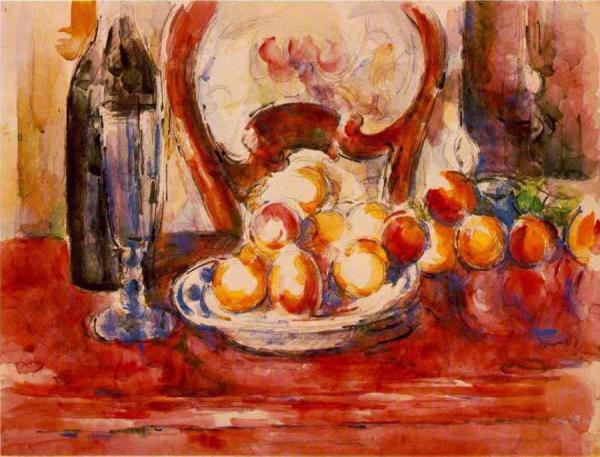 Still Life - Apples, A Bottle And Chairback by Paul Cezanne Oil Painting Reproductions