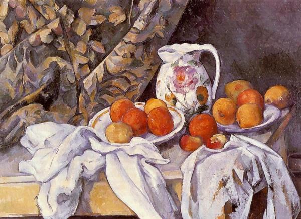 Still Life With Curtain And Flowered Pitcher by Paul Cezanne