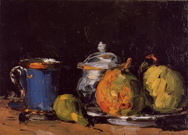 Sugar Bowl, Pears And Blue Cup by Paul Cezanne