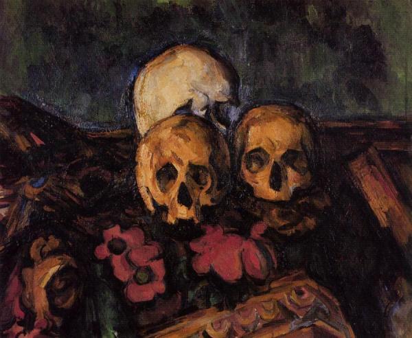 Three Skulls On A Patterned Carpet by Paul Cezanne