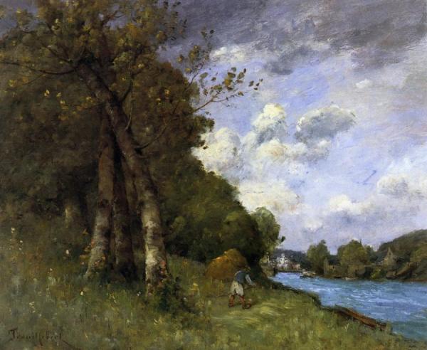 Haymaking In Brittany On The Banks Of The River by Paul-desire Trouillebert