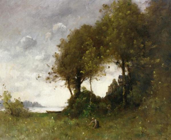 Woman Picking Flowers By The Water by Paul-desire Trouillebert