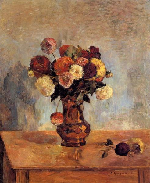 Dahlias In A Copper Vase by Paul Gauguin
